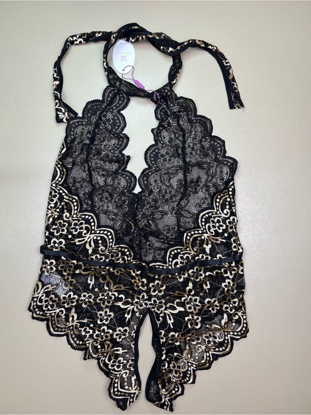 Avidlove Lace Teddy Bodysuit Black Gold Halter Cutout Lingerie 18W NWT - Picture 8 of 10